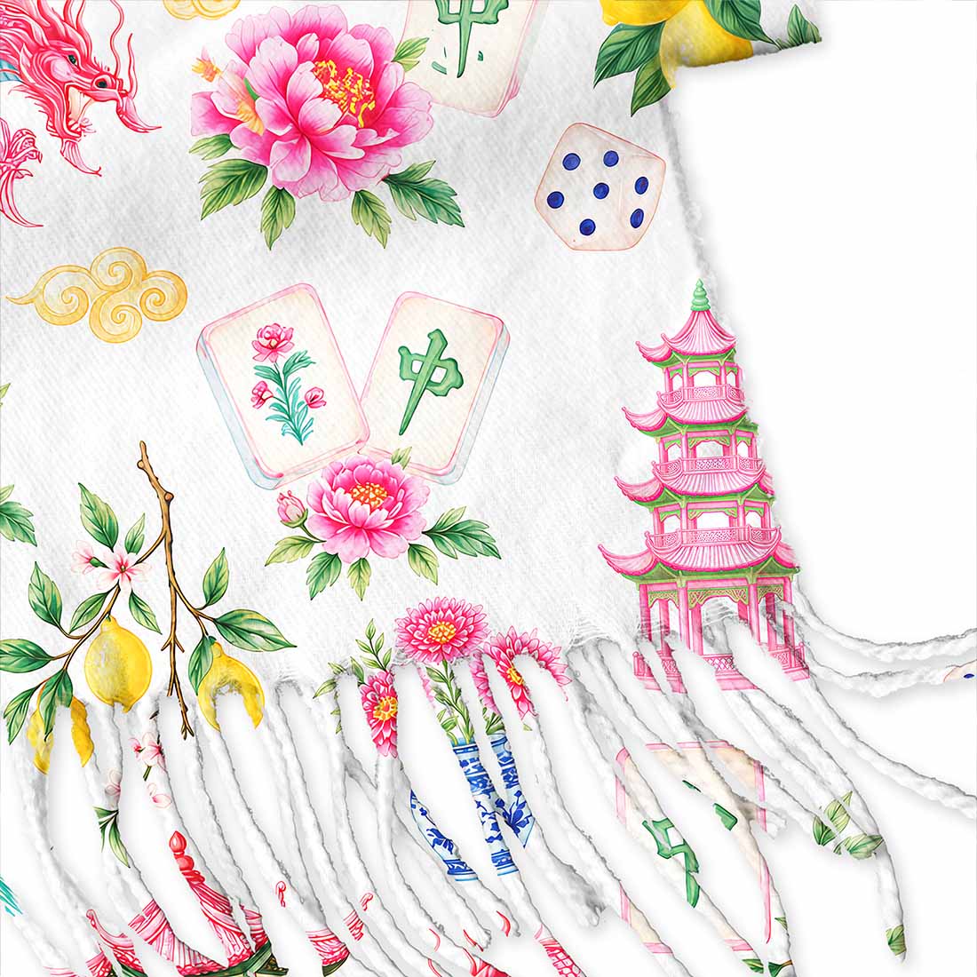 Retro Mahjong Women Print Cozy Fringed Scarf Chinoiserie Pattern Asian Art