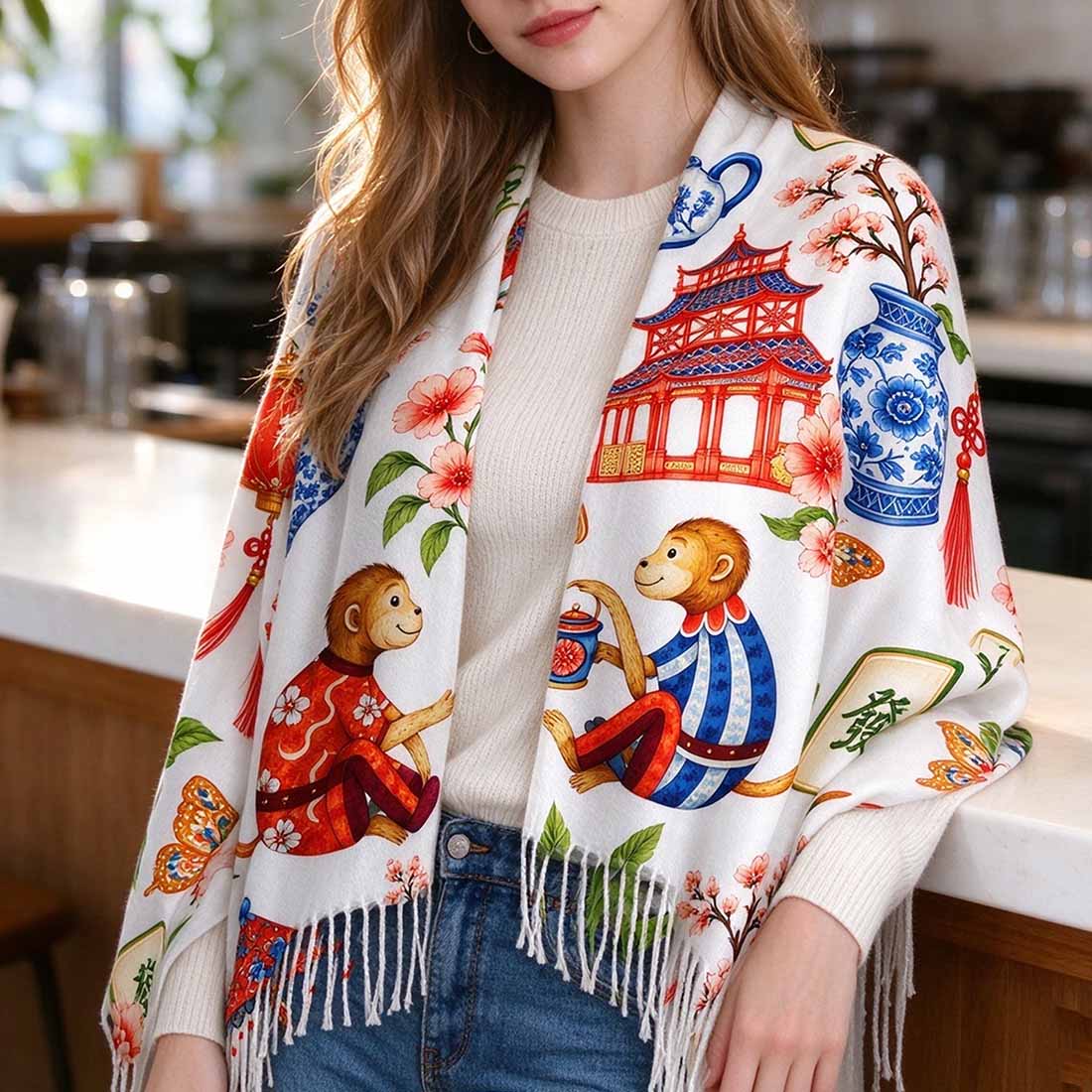 Preppy Chinoiserie Mahjong Women Print Cozy Fringed Scarf Chinoiserie Pattern Asian Art