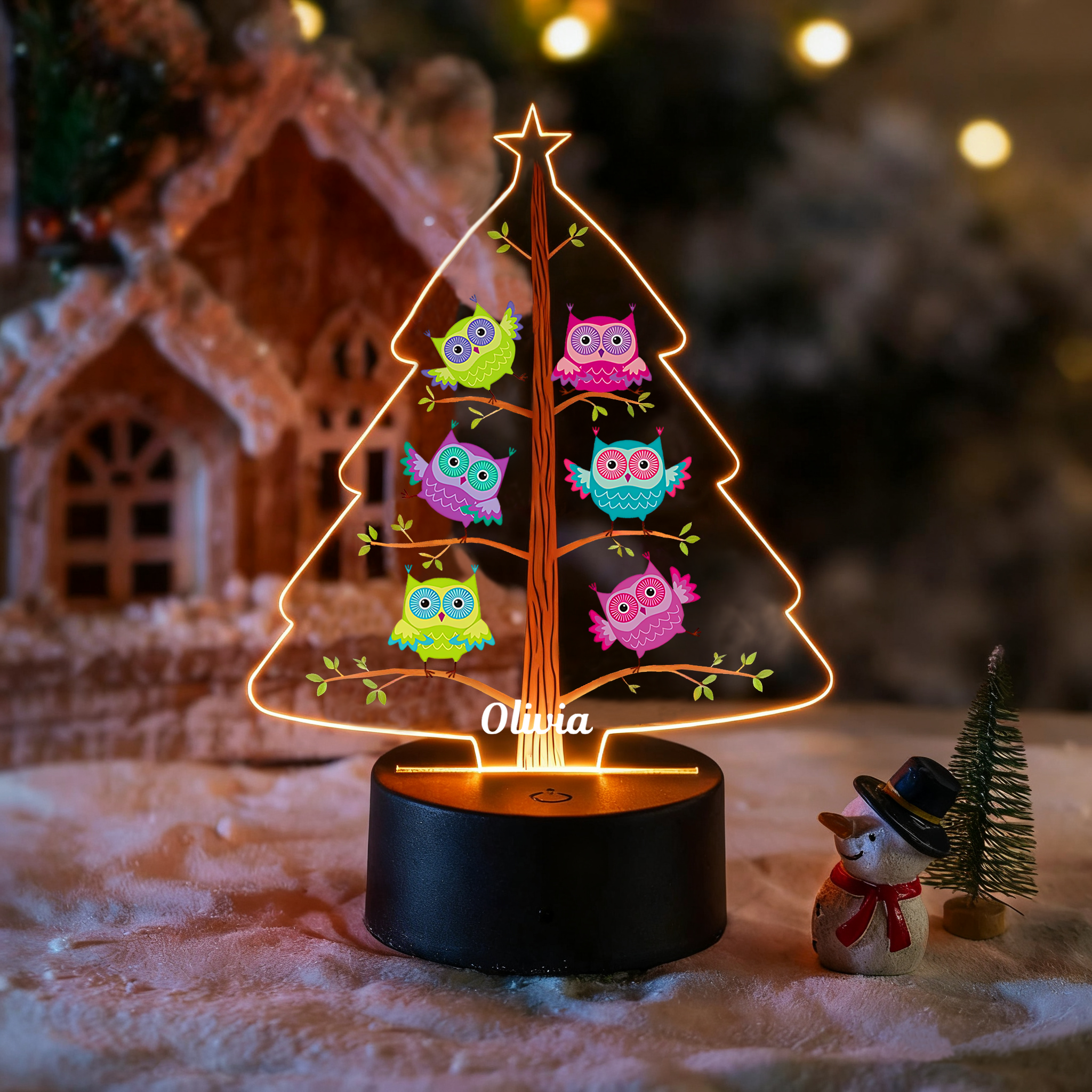 Personalized Cartoon Owl Christmas Tree Night Light Custom Name LED Night Light Children's Gifts Romantic Gifts for Christmas and New Year's Indoor Holiday Parties