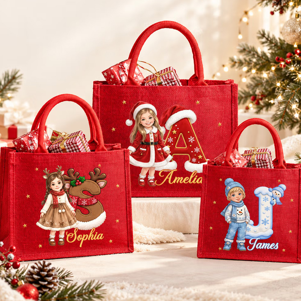 Personalized Cartoon Christmas Style 3D Character Photo Burlap Tote Bags with Name Christmas Eve Gift for Kids Girls Boys