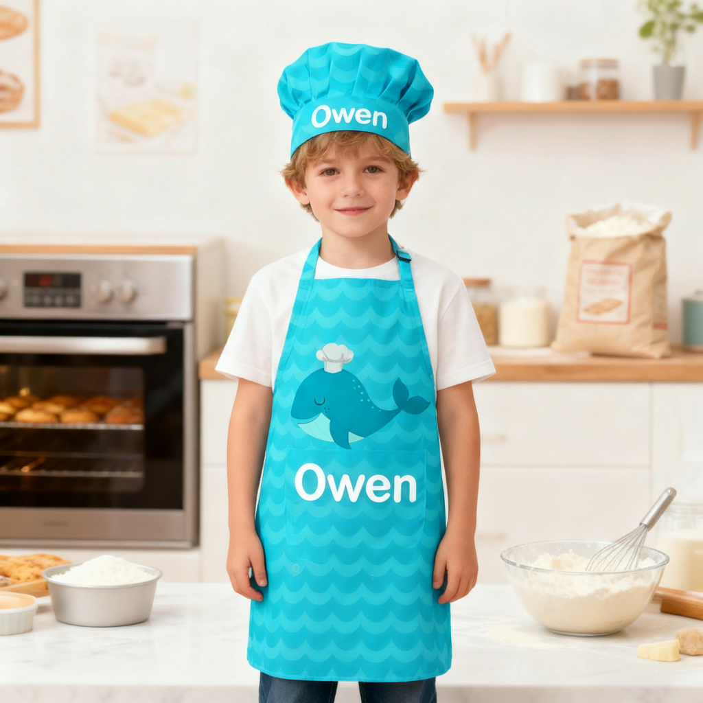 Personalized Cute Whale and Shark Adjustable Kids Apron Chef Hat Set with Name for Cooking Birthday Gift for Boys