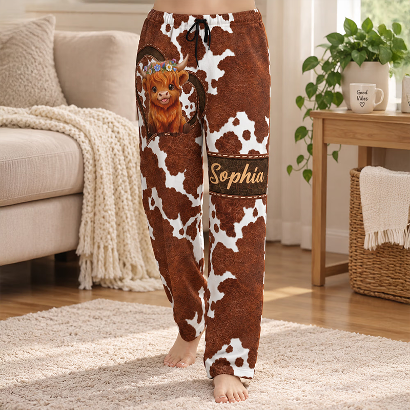 Personalized Highland Cow Soft Pajama Pants with Name Daily Wear Birthday Christmas Gift for Family Cow Lovers