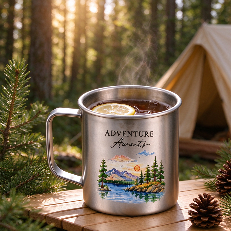 Personalized Adventure Awaits Lake Landscape Titanium Mug Set, Custom Couple Names Date Location Camping Mugs  