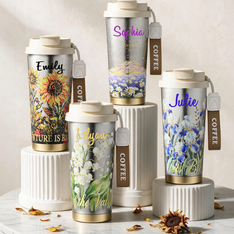 Personalized Floral Art Pure Titanium Travel Coffee Tumbler, Vintage Flower Insulated Cup With Carry Strap, Sunflower Lily of the Valley Iris Mountain Flower Mug