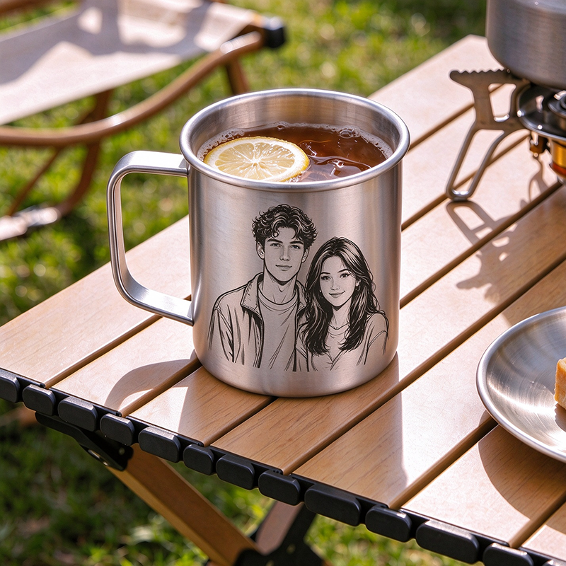 Personalized Photo Sketch Portrait Titanium Camping Mug, Custom Line Art Couple Portrait Coffee Cup, Anniversary Gift Mug