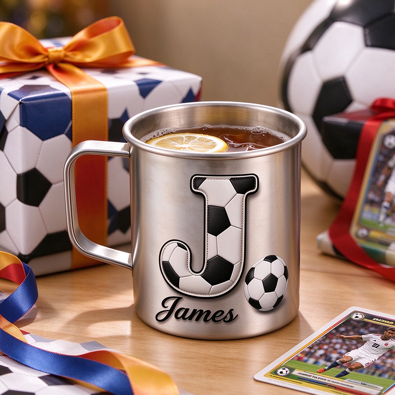 Personalized Soccer Initial Titanium Camping Mug, Custom Name Football Sports Coffee Cup, Gift for Soccer Fan