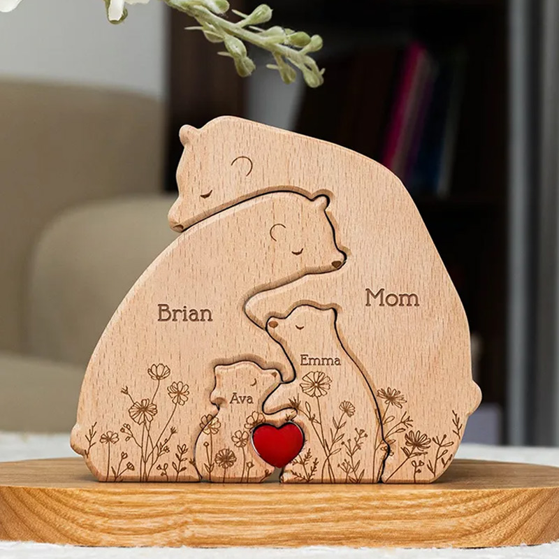 Personalized Wooden Bear Family Puzzle Hugging Bear Family Floral Version Engraved Oak Wood Keepsake with Name Gift for Family