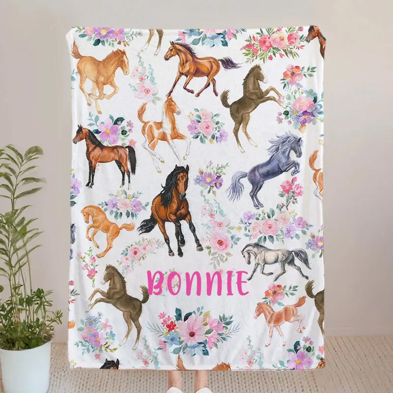 Personalized Riding Floral Blanket Floral Horse Custom Name Festive Horse Floral Soft Throw Blanket Family Blanket for Riding Lovers Equestrian Lovers