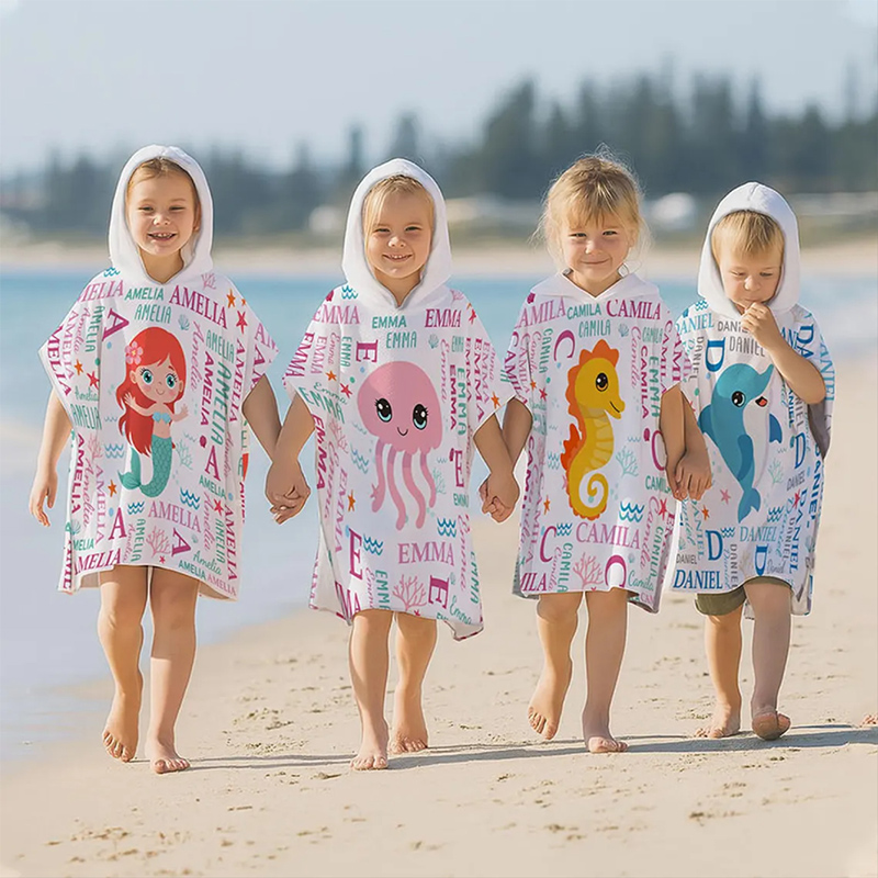 Personalized Cute And Beachy Custom Name Quick Dry Hooded Beach Towel with Name Beach Pool Essentials Birthday Gift for Kids Summer Pool Party Gift Baby Vacation Swim Poncho