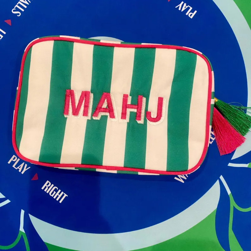 Personalized Mahjong Tile Striped Bag with Tassel Zipper Canvas Pouch Mahjong Lover Gift