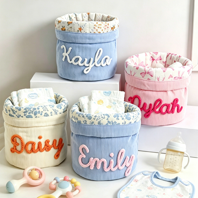 Personalized Seersucker Nursery Storage Basket Name Embroidered Baby Room Organizer Toys Wipes Caddy Makeup Bag Diaper Bag