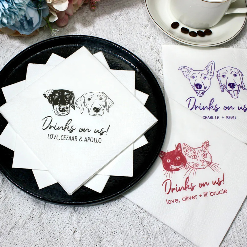Personalized pet portrait personalized name cute dog and cat drawing party celebration Drinks On Us Cocktail Napkins