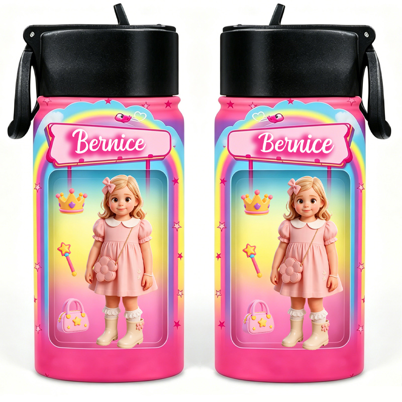 Personalized Pink Princess Kids Water Bottle Custom Photo Name Thermos Cup Cute Gift For Girl School Design