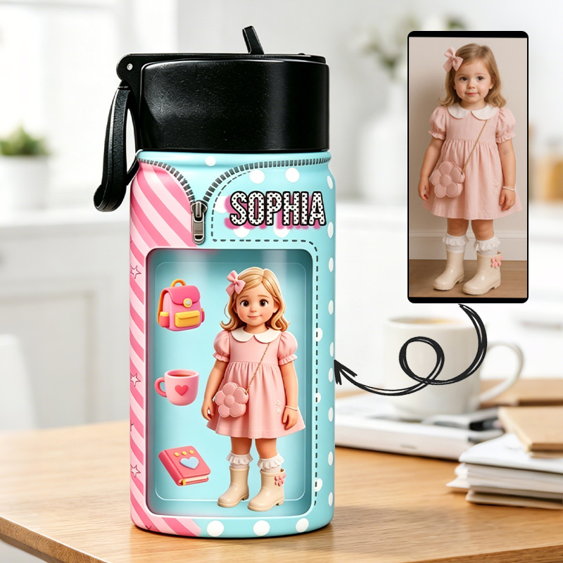Personalized Pink Blue Kids Water Bottle Custom Name Photo Thermos Cup Cute Theme Gift Design