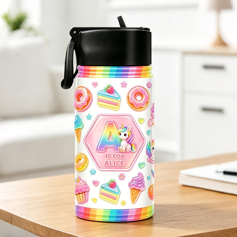 Personalized Initial Kids Water Bottle Pastel Dream Horse & Candy Rainbow Tumbler with Name Kids Gift