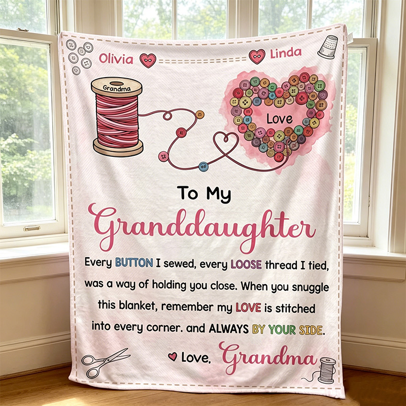 Personalized To My Granddaughter Sewing Themed Blanket Custom Gift with Names Buttons and Heartfelt Message