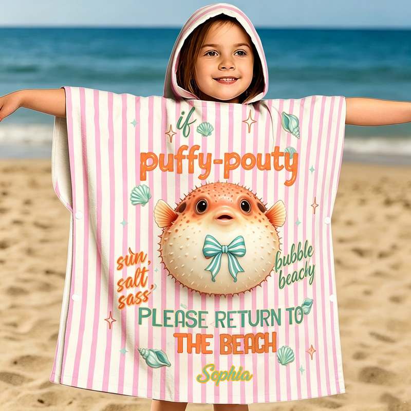 Personalized Kids Beach Poncho Towe Puffy‑Pouty Puffer Fish Design Custom Name Hooded Cover-Up