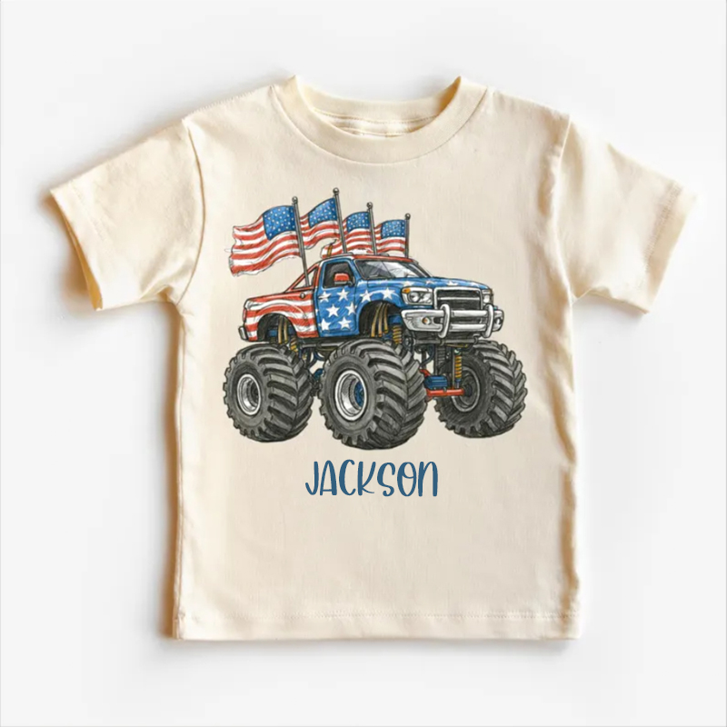 Personalized 4th Of July Monster Truck Kids T-Shirt All American Flag Tee