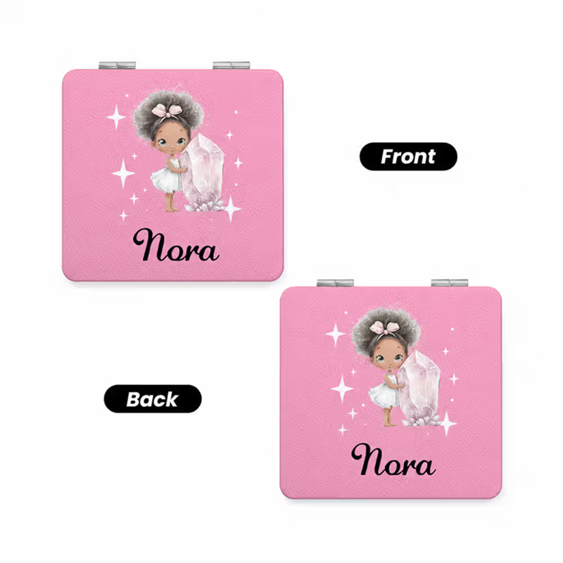 Personalized Birthstone Birth Flower Cartoon Girl Compact Heart Round Square Makeup Mirror with Name Portable Birthday Wedding Party Gift for Women