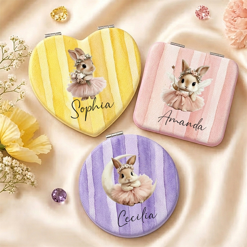 Personalized Bunny Ballerina Compact Mirror Custom Name Heart & Round Pocket Mirror for Girl Wedding Gifts
