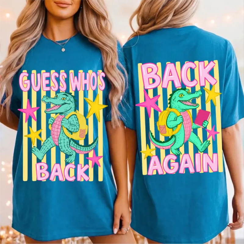 Guess Who’s Back Again Alligator T‑Shirt Cute Back to School Graphic Tee Back Again School Shirts First Day Of School Teacher Tee Kindergarten Teacher Shirt