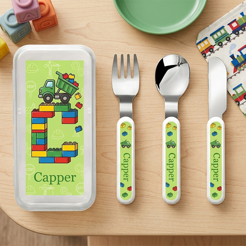 Personalized Kids Construction Cutlery Set with Case Dump Truck Building Blocks Fork Spoon Knife 3 Pcs Cutlery Set with Name and Case