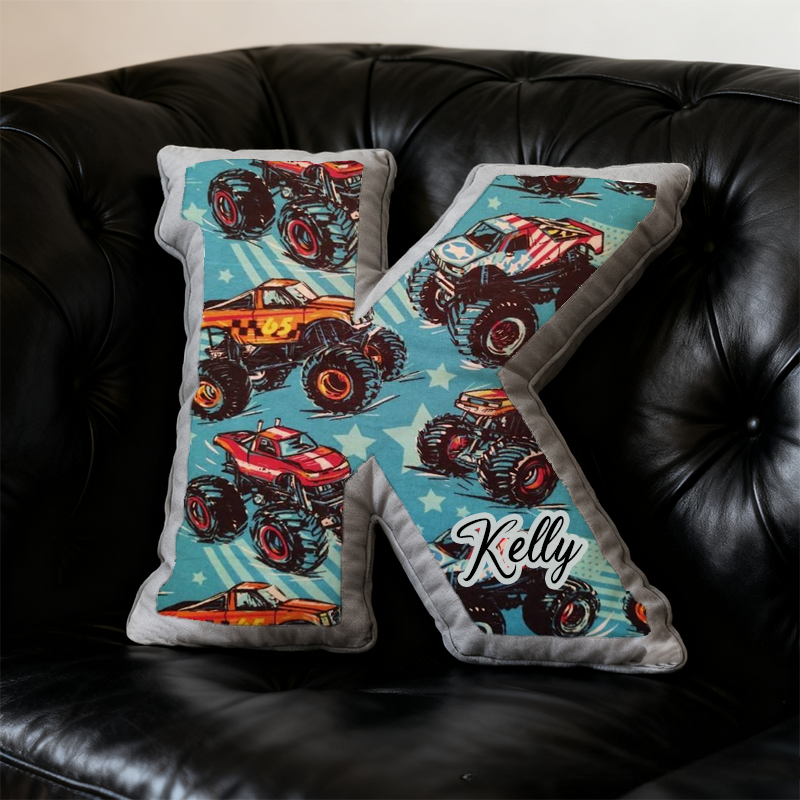 Personalized Monster Truck Initial Pillow with Custom Name Gift for Truck Enthusiasts