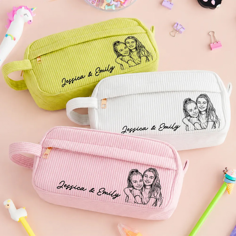 Custom Photo Kid Pet Family Besties Portrait Pencil Sketch - Personalized Corduroy Pencil Case