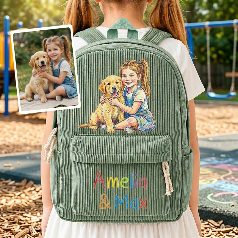 Personalized Corduroy Backpack Custom Photo Family Besties Dog Cat Portrait Hand‑Drawn Portrait