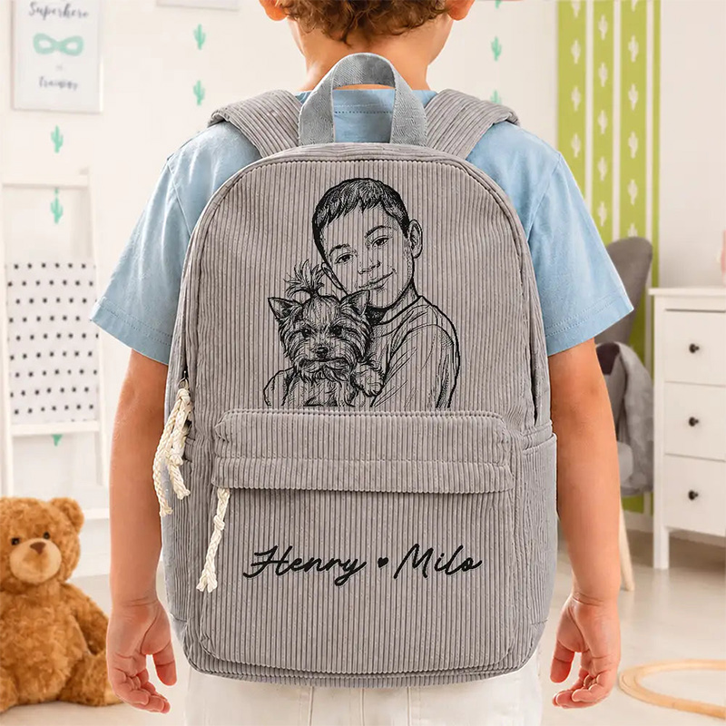 Personalized Corduroy Backpack Custom Photo Family Besties Dog Cat Portrait Pencil Sketch