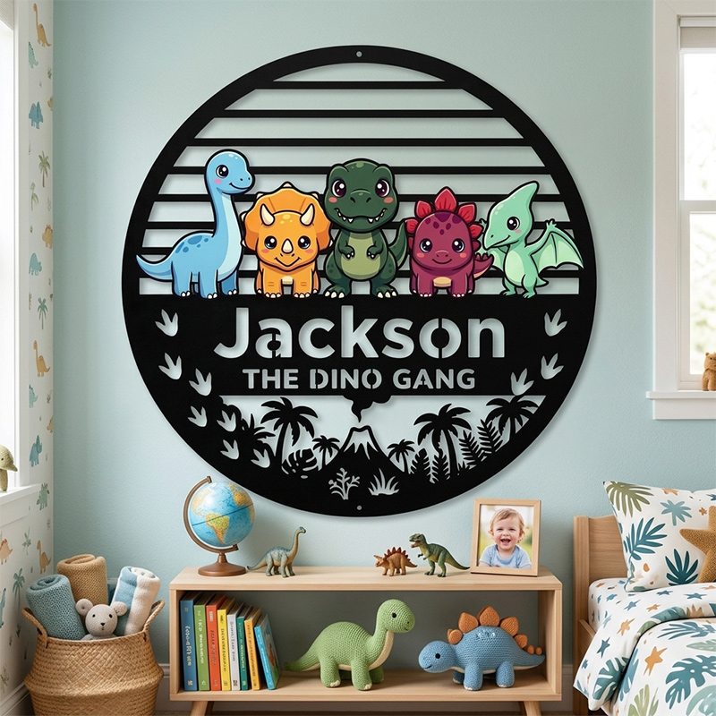 Personalized Dino Gang Metal Name Sign Custom Kids Dinosaur Room Wall Decor Bedroom Sign