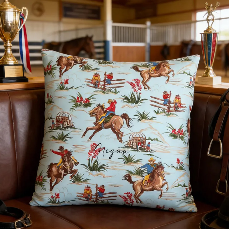 Personalized Equestrian Throw Pillow Wild West Cowboy Pillow Cover Bucking Broncs Cactus Wagon for Riding Lovers Equestrian Lovers