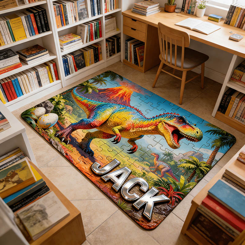 Personalized Cartoon Dinosaur Puzzle Rug Custom Name Gift for Kids Movie Lovers for Birthday Christmas Holiday Party Gift