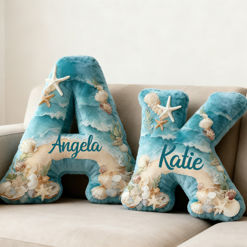 Personalized Seaglass Style Initial Pillow Custom Graphic 3D Print Ocean Style Letter Pillow 3D Graphic Print Home Decor Throw Pillow for Girl Friend Beach Keepsake Pillow