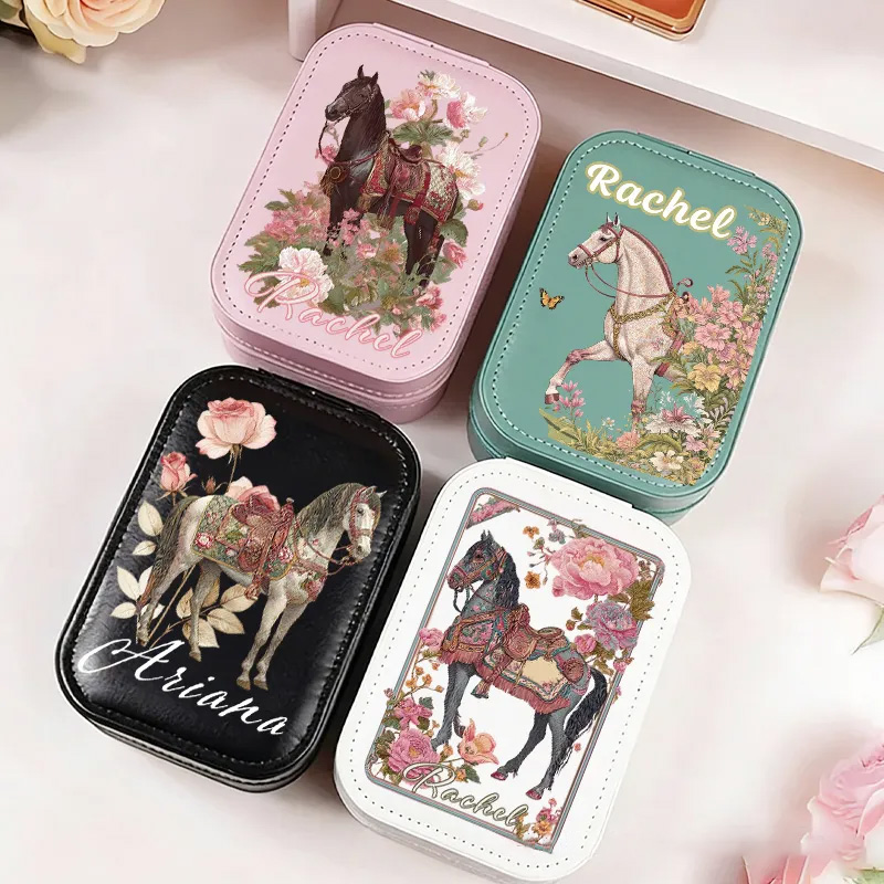 Personalized Horse Riding Initial Name PU Leather Jewelry Box with LED Three color Makeup Mirror Travel Essential Birthday Gift for Women for Girls for Horse Lovers Riding Lovers Equestrian Lovers