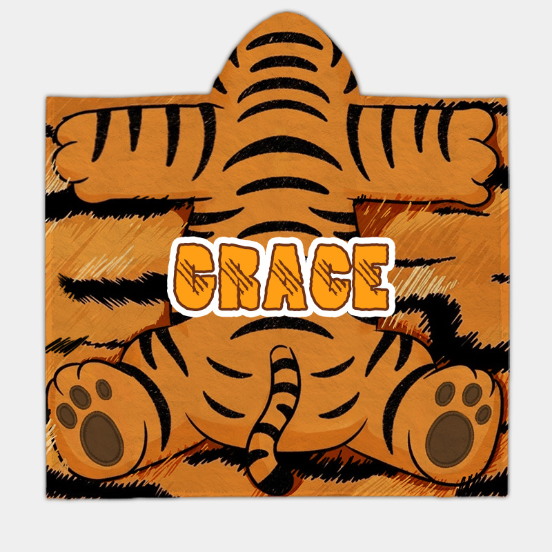 Personalized Adorable Tiger Lion Hooded Blanket Custom Name Imaginative Practical Fun Gift for Kids Indoor Outdoor