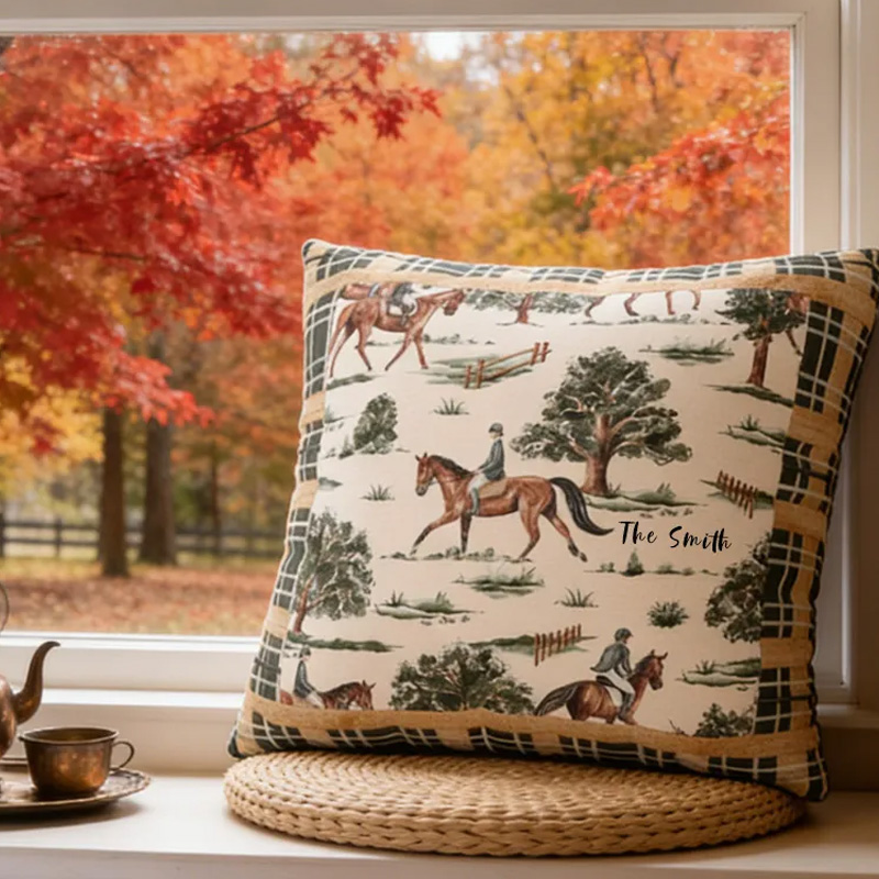 Personalized Equestrian Throw Pillow Equestrian Pillow Cover Plaid Horse Accent Pillow Farmhouse Decor for Riding Lovers Equestrian Lovers
