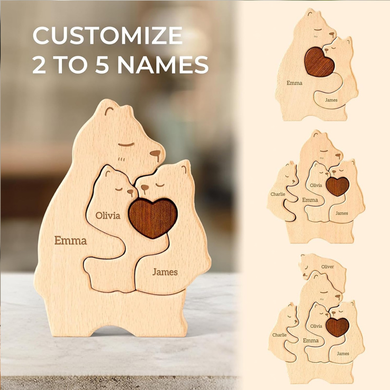 Personalized Wooden Mommy Bears Family Puzzle Custom Puzzles with 2–5 Names Father's Day Gifts for Dad Mom Grandma Birthday Mother's Day Decorations