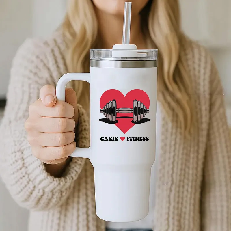 Personalized Handle Tumbler with Heart and Barbell Love Fitness Design for Gym Lover Fitness Durable Hot or Cold Drinks