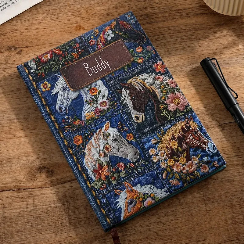 Personalized Faux Embroidered Horse Flower Denim Journal PU Leather Notebook Daily Use Birthday Gift for Horse Lovers Riding Lovers Equestrian Lovers