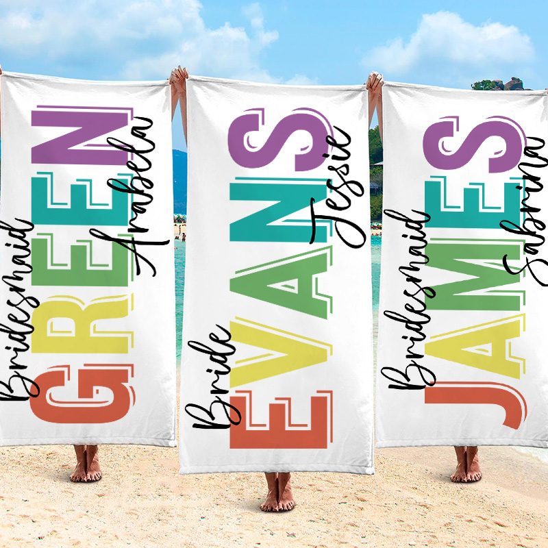 Personalized Bridesmaid Colorful Beach Towel Bride Name Beach Towel Bachelorette Party Gift