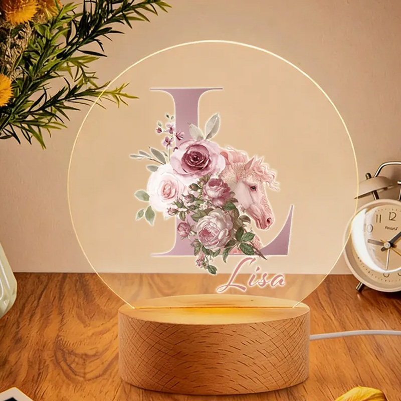 Personalized Fantasy Horse Riding Initial Name LED Night Light with Wooden Base Room Decor Baby Shower Birthday Gift for Kid New Mom Riding Lovers Equestrian Lovers
