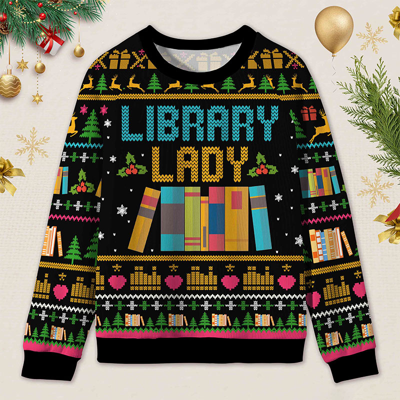 Personalized Library Themed Ugly Sweater Holiday Gift for Librarians