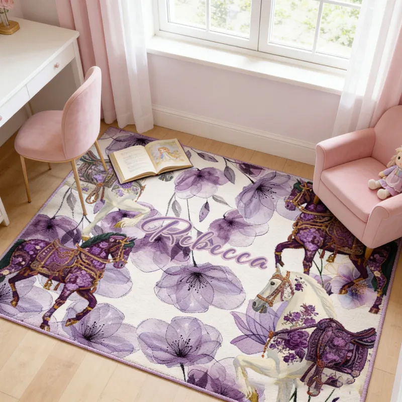 Personalized Rugs Riding Purple Dreaming Floral Doormat Floral Horse Custom Name Festive Flower Decor with French Countryside Gifts Doormat for Family for Riding Lovers Equestrian Lovers