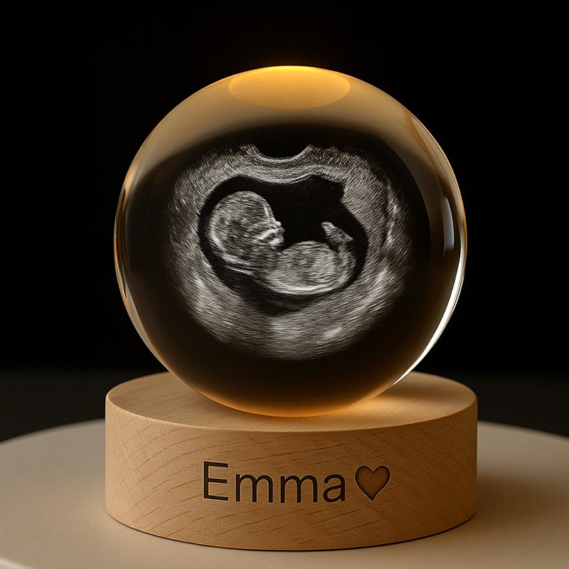 Personalized Crystal Ball Night Light Custom 2D Photo Ultrasound Picture Frames Luminous Wooden Base