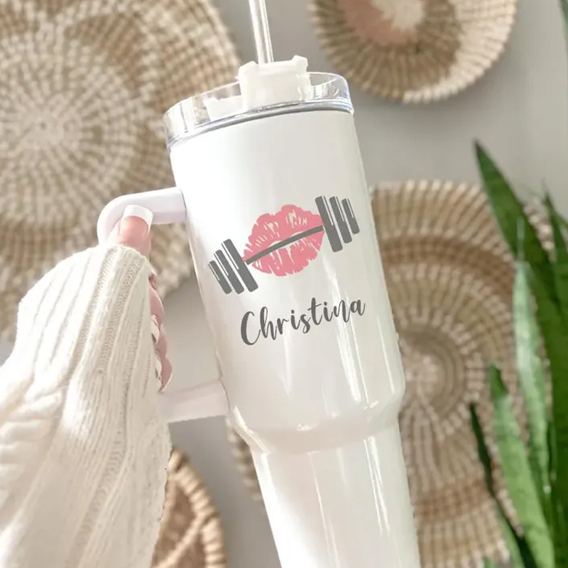 Personalized Kiss Barbell Workout Tumbler Lifting Girl Water Bottle Muscle Mommy Gift for Gym Lovers