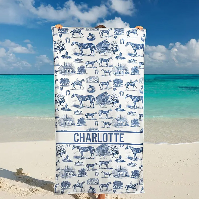 Personalized Horse Theme Soft Quick Dry Sport Towel Beach Towel with Text Gym Pool Essentials Birthday Gift for Equestrian Enthusiasts Riding Lovers