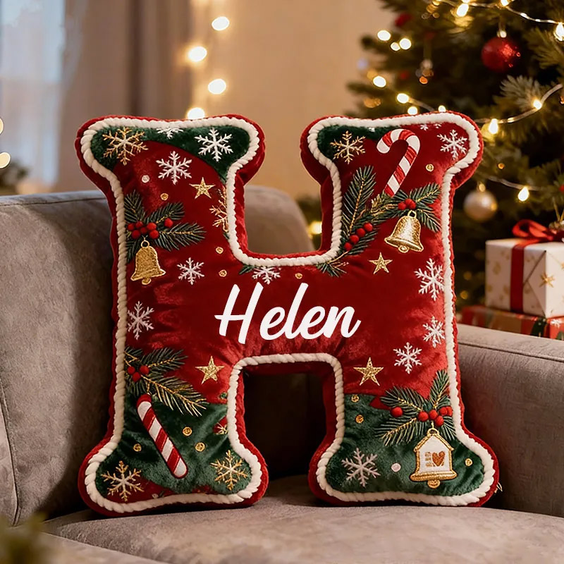 Personalized Christmas Initial Pillow Graphic 3D Print Custom Name Festive Holiday Decor Cozy Home Accent Soft Cushion Gift for Kids Family