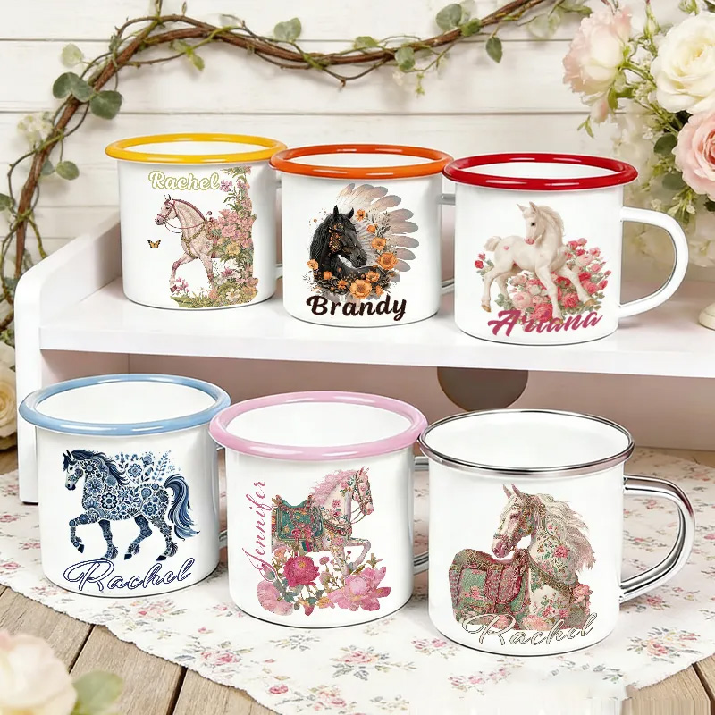 Personalized Floral Horse Equestrian Enamel Mug Watercolor Flower Insulated Travel Coffee Cup with Name Birthday Christmas Gift for Kids Girls Rider Horse Gift Riding Equestrian Lovers