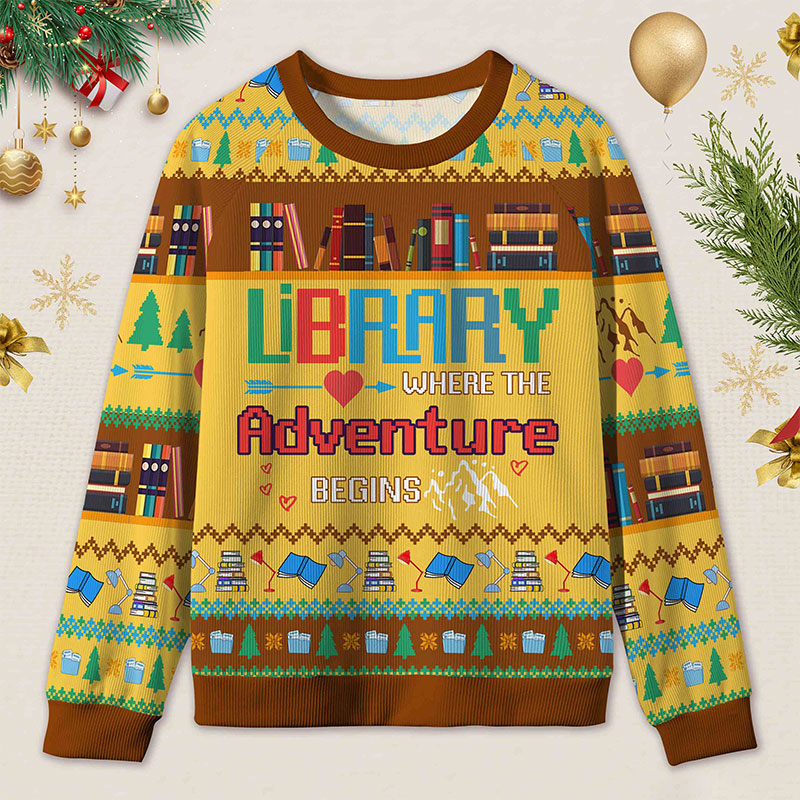 Personalized Library Adventure Ugly Sweater Holiday Gift for Librarians